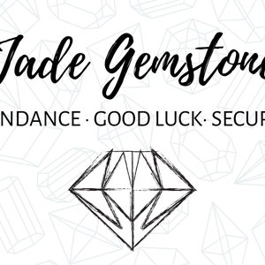 Może przedstawiać: Czarno-biała ilustracja szlachetnego kamienia jadeitu z tekstem "Jade Gemstone" i "Abundance. Good Luck. Security".