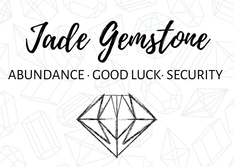 Może przedstawiać: Czarno-biała ilustracja szlachetnego kamienia jadeitu z tekstem "Jade Gemstone" i "Abundance. Good Luck. Security".