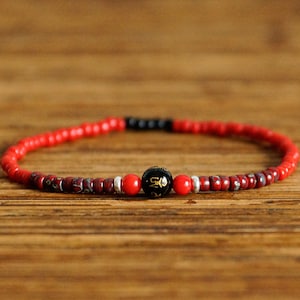 Mantra Bracelet, Black Agate Bracelet, Christmas gift, Tibetan Bracelet, Buddhist Bracelet, Yoga Bracelet, Mens Red Bracelet, Coral