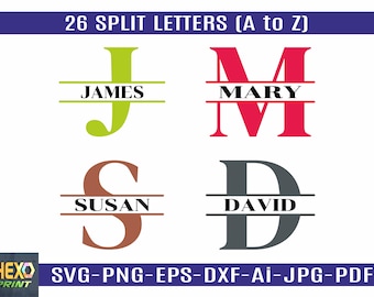 Delat monogram SVG | 26 alfabetsbokstäver | 26 DXF- och PNG-filer för Cricut och Silhouette | Digital nedladdning för anpassning