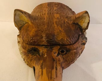 antique wooden fox inkwell with pen holder