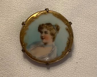 Antique porcelain portrait brooch-hand painted