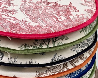 Duck Linen Round Chair Pads with Ties – French Toile Print, Foam Padded & Durable, Custom Size, Indoor/Outdoor Cushion with Velvet Trim