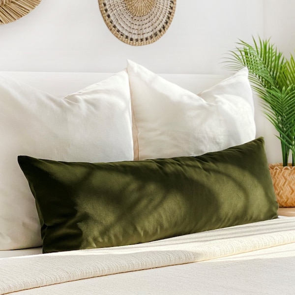 Long green lumbar pillow cover, moss green lumbar throw pillow, Extra long lumbar may in custom size, Velvet Lumbar cushion // COVER ONLY