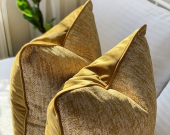 Mustard Yellow Pillow Cover with Piping -Cotton Linen & Velvet Combine Luxury Welt Pillow Cover -Yellow Throw Pillow -Piped Edge Pillow