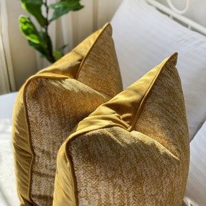 Mustard Yellow Pillow Cover with Piping Cotton Linen & Velvet Combine Luxury Welt Pillow Cover Yellow Throw Pillow Piped Edge Pillow image 1