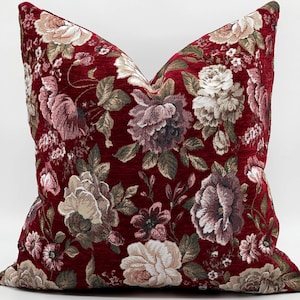 Rött vävt vintage örngott * Vinröd gobeläng kuddfodral * Blommigt europeiskt näsduksmönster * Rosenmönster ländryggskudde * Gobeläng örngott