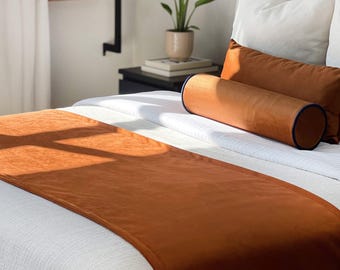 Chemin de lit en velours orange brûlé/rouille - écharpe de lit double face - garniture de literie de luxe de style hôtel - jeté de lit queen size en velours - décoration de chambre à coucher