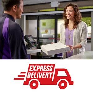 May include: A woman hands a white box to a person wearing a purple shirt. The box is labeled "Medium Box". The text "EXPRESS DELIVERY" is displayed in red on a white background with a red truck icon.