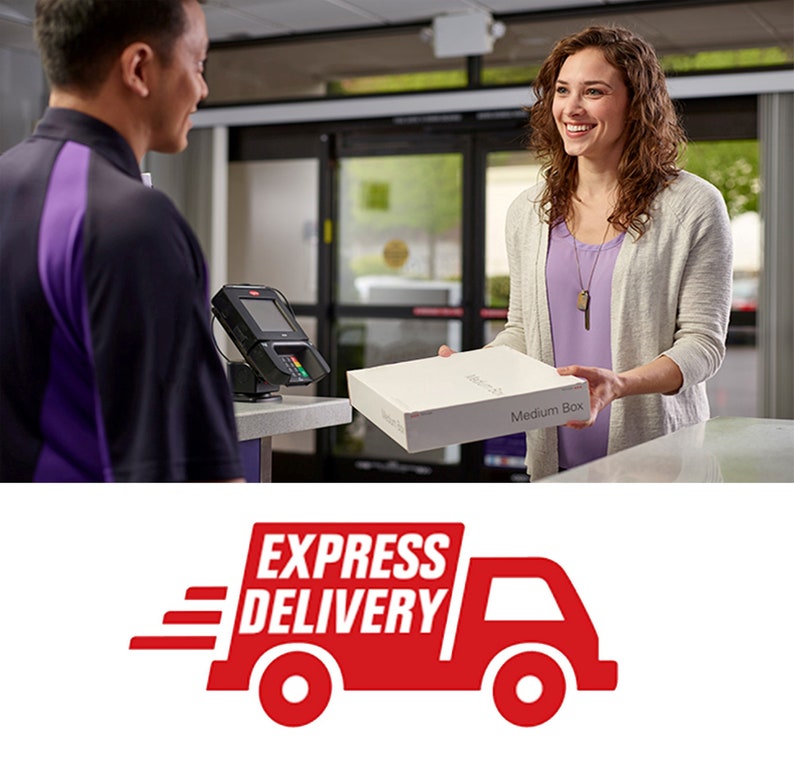 May include: A woman hands a white box to a person wearing a purple shirt. The box is labeled "Medium Box". The text "EXPRESS DELIVERY" is displayed in red on a white background with a red truck icon.