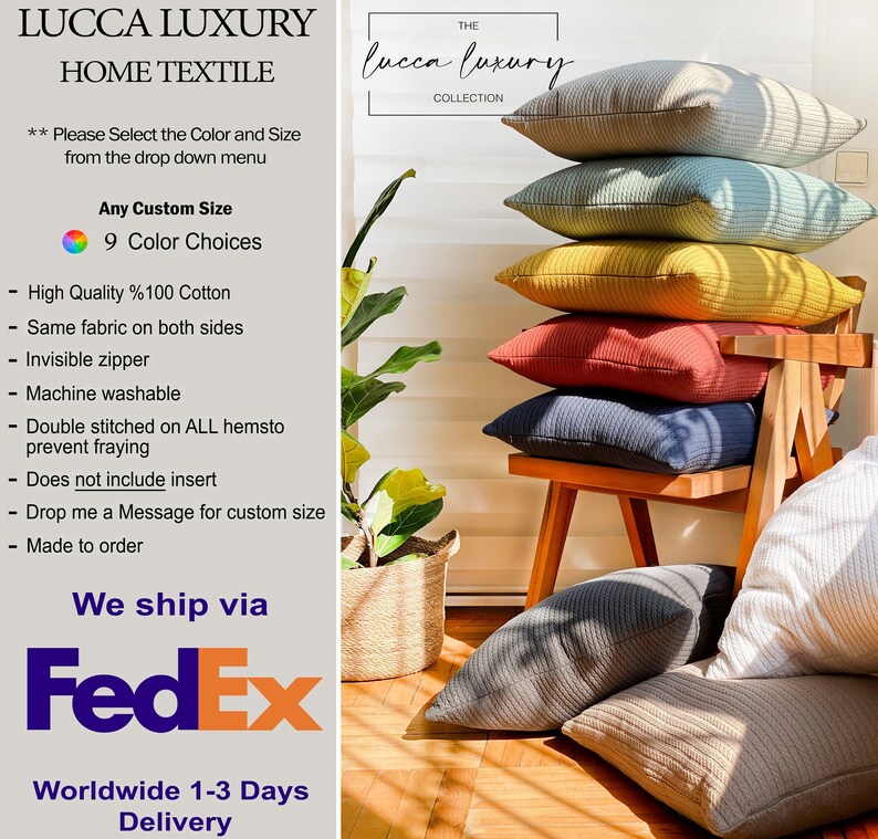 May include: A stack of 6 decorative throw pillows in various colors, including blue, green, yellow, red, and gray. The pillows are arranged on a wooden chair with a white background. The pillows are made of a textured fabric and have a subtle sheen. The text "THE lucca luxury COLLECTION" is visible in the top right corner of the image.