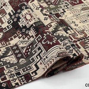 May include: A woven fabric featuring a complex geometric pattern in shades of deep red, black, and cream. The textile displays intricate interlocking shapes and lines, with the text COLOR 4 printed in the bottom right corner.