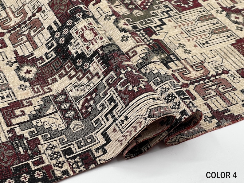 May include: A woven fabric featuring a complex geometric pattern in shades of deep red, black, and cream. The textile displays intricate interlocking shapes and lines, with the text COLOR 4 printed in the bottom right corner.