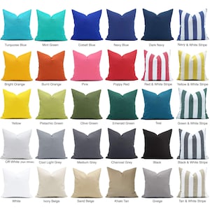 May include: A collection of decorative throw pillows in various solid colors and striped patterns. Colors include turquoise, mint green, cobalt blue, navy, dark navy, bright orange, burnt orange, pink, poppy red, yellow, pistachio green, olive green, emerald green, teal, white, and black.