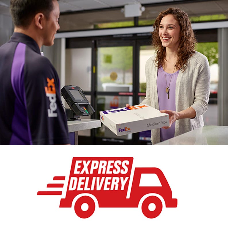 May include: A person hands a white FedEx box to a FedEx employee wearing a purple uniform. The box is labeled "Medium Box". The text "EXPRESS DELIVERY" is displayed on a red truck with white wheels.