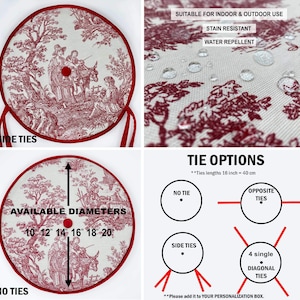 May include: A round, red and white tree skirt with a toile pattern. The skirt is available in various diameters, from 10 to 20 inches. It has side ties and is stain-resistant and water-repellent. Suitable for indoor and outdoor use.