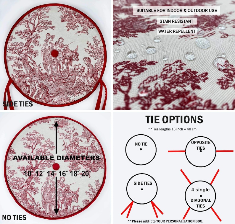 May include: A round, red and white tree skirt with a toile pattern. The skirt is available in various diameters, from 10 to 20 inches. It has side ties and is stain-resistant and water-repellent. Suitable for indoor and outdoor use.