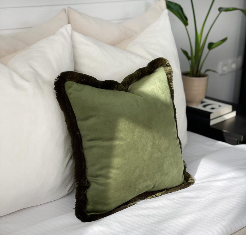 Ojvu Moss Green Velvet Fringe Pillow Cover | Green Throw Pillow | Tassel ...