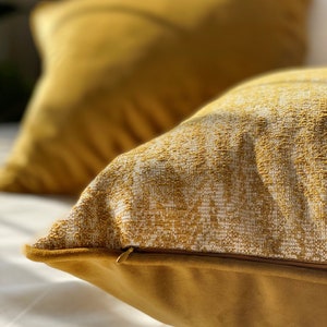 Mustard Yellow Pillow Cover with Piping Cotton Linen & Velvet Combine Luxury Welt Pillow Cover Yellow Throw Pillow Piped Edge Pillow image 6
