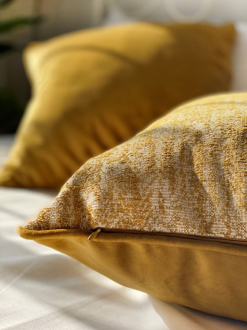 Mustard Yellow Pillow Cover with Piping Cotton Linen & Velvet Combine Luxury Welt Pillow Cover Yellow Throw Pillow Piped Edge Pillow image 6