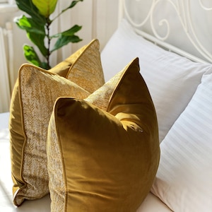 Mustard Yellow Pillow Cover with Piping Cotton Linen & Velvet Combine Luxury Welt Pillow Cover Yellow Throw Pillow Piped Edge Pillow image 3