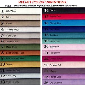 Peut inclure: Un nuancier de couleurs en velours pour un chemin de lit. Le tableau pr&eacute;sente une gamme de couleurs, allant de Blanc cass&eacute; &agrave; Vieux lavande, chaque couleur &eacute;tant &eacute;tiquet&eacute;e avec un num&eacute;ro et un nom. Le texte "VELVET COLOR VARIATIONS" est en haut.