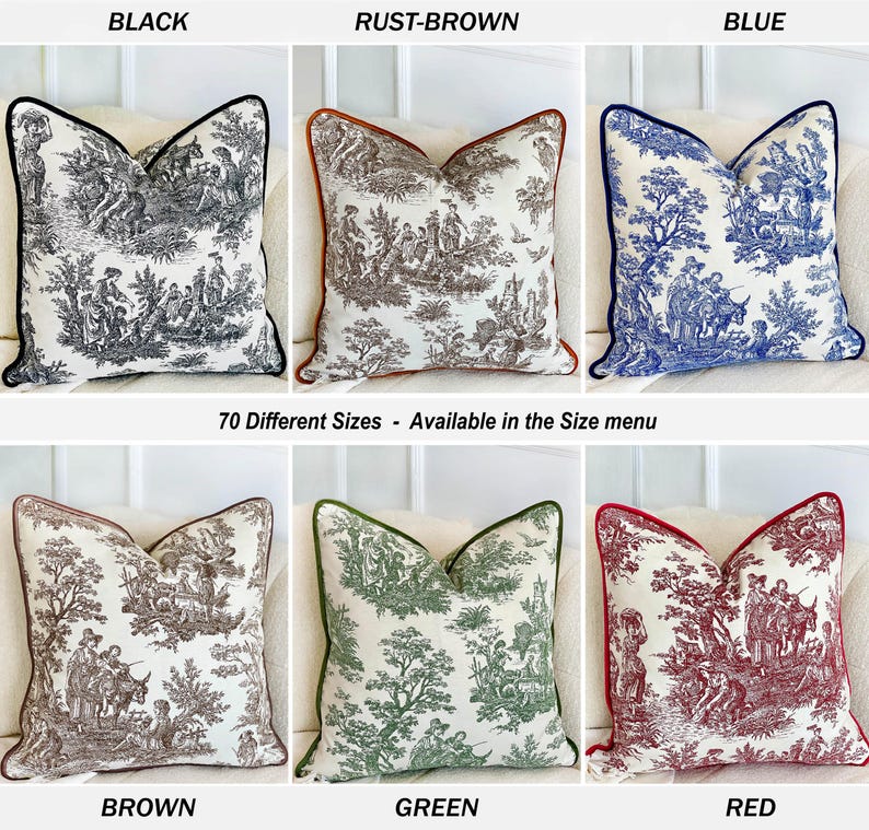 May include: Decorative throw pillows in various colors, including black, rust-brown, blue, brown, green, and red. Each pillow features a detailed toile design with a contrasting border. The text "70 Different Sizes - Available in the Size menu" is visible.