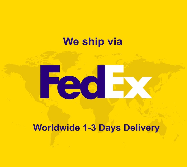May include: A yellow background with a world map graphic. The FedEx logo is prominently displayed in dark blue and white. Text above the logo reads "We ship via", and below it, "Worldwide 1-3 Days Delivery."