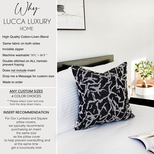 May include: Black and white patterned throw pillow with a white background and black abstract design. The pillow is on a white bed with a black headboard. The text "Why Lucca Luxury Home" is visible in the upper left corner of the image. The text "Any Custom Sizes 4 Color Choices" is visible in the lower left corner of the image. The text "Insert Recommendation" is visible in the lower left corner of the image.