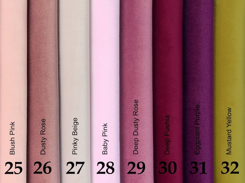 May include: A color palette of fabric swatches in shades of pink, rose, and purple, including Blush Pink, Dusty Rose, Pinky Beige, Baby Pink, Deep Dusty Rose, Deep Fushia, Eggplant Purple, and Mustard Yellow. Each color is labeled with a name and a number.
