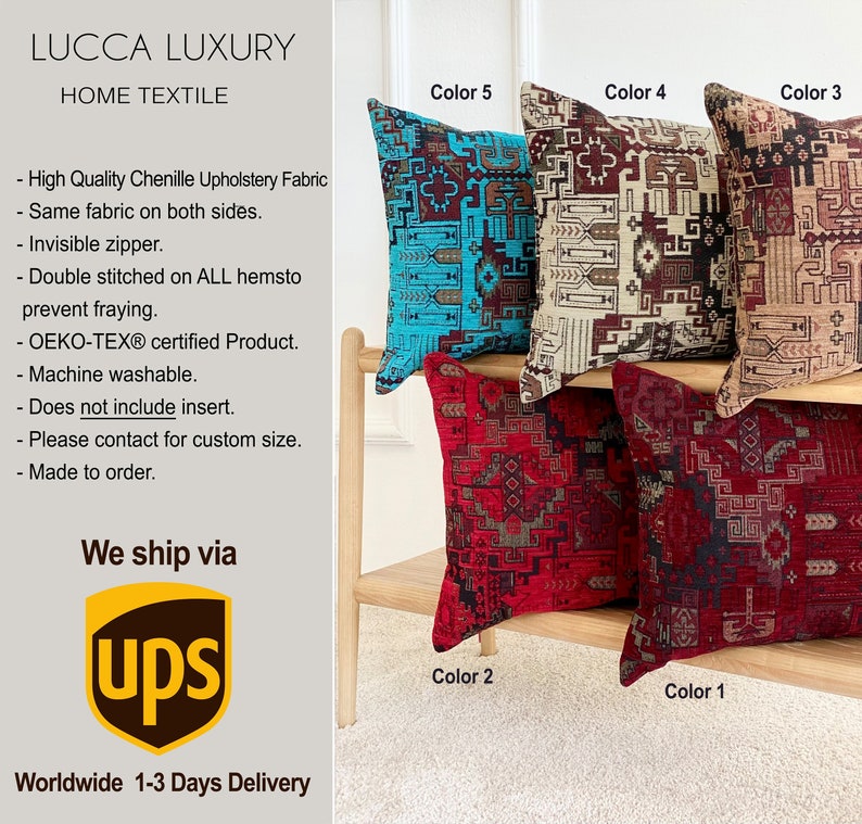 May include: Five decorative throw pillows with geometric patterns in shades of red, blue, brown, and beige. The pillows are arranged on a wooden shelf with the words "Color 1", "Color 2", "Color 3", "Color 4", and "Color 5" printed below each pillow.