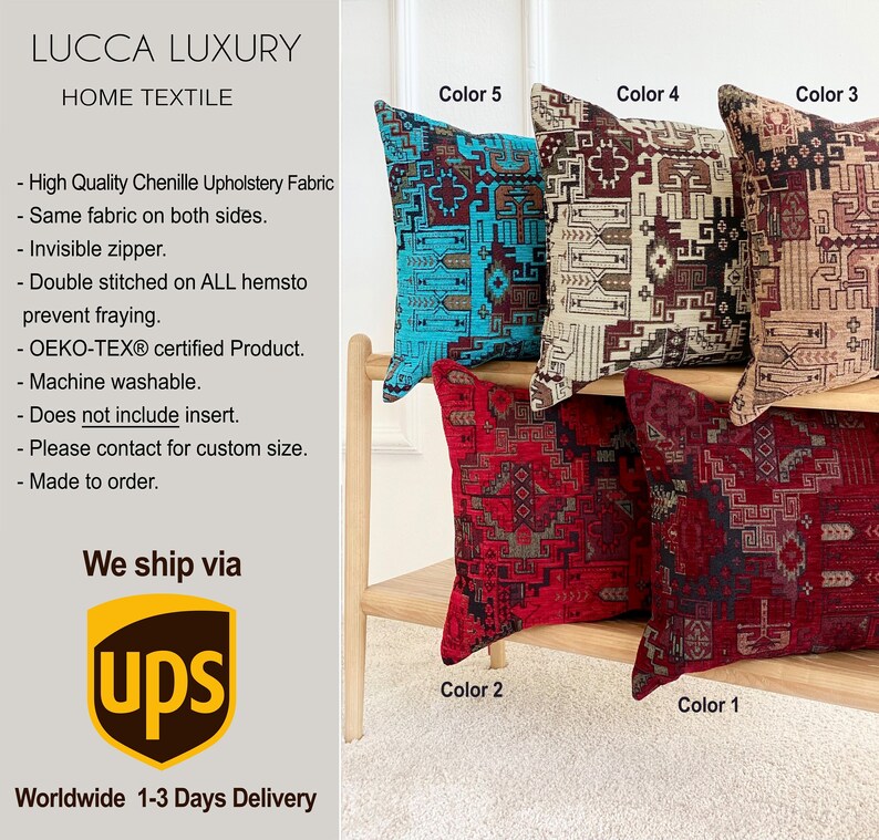 May include: A selection of patterned throw cushions in shades of teal, red, and brown, arranged on a wooden shelf. The cushions feature geometric designs. The image also includes the text "LUCCA LUXURY HOME TEXTILE".