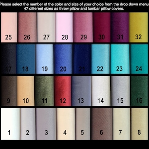 May include: A color chart showing 47 different fabric swatches for throw pillows and lumbar pillow covers. The swatches are arranged in rows of eight, with numbers 1 through 32 labeling each swatch.