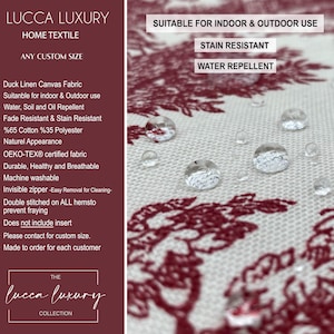 May include: Close-up of a white fabric with a burgundy tree pattern and water droplets. The fabric is stain-resistant, water-repellent, and suitable for indoor and outdoor use. The text on the left indicates it is a home textile.