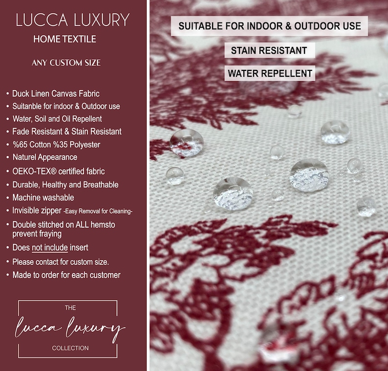 May include: Close-up of a white fabric with a burgundy tree pattern and water droplets. The fabric is stain-resistant, water-repellent, and suitable for indoor and outdoor use. The text on the left indicates it is a home textile.