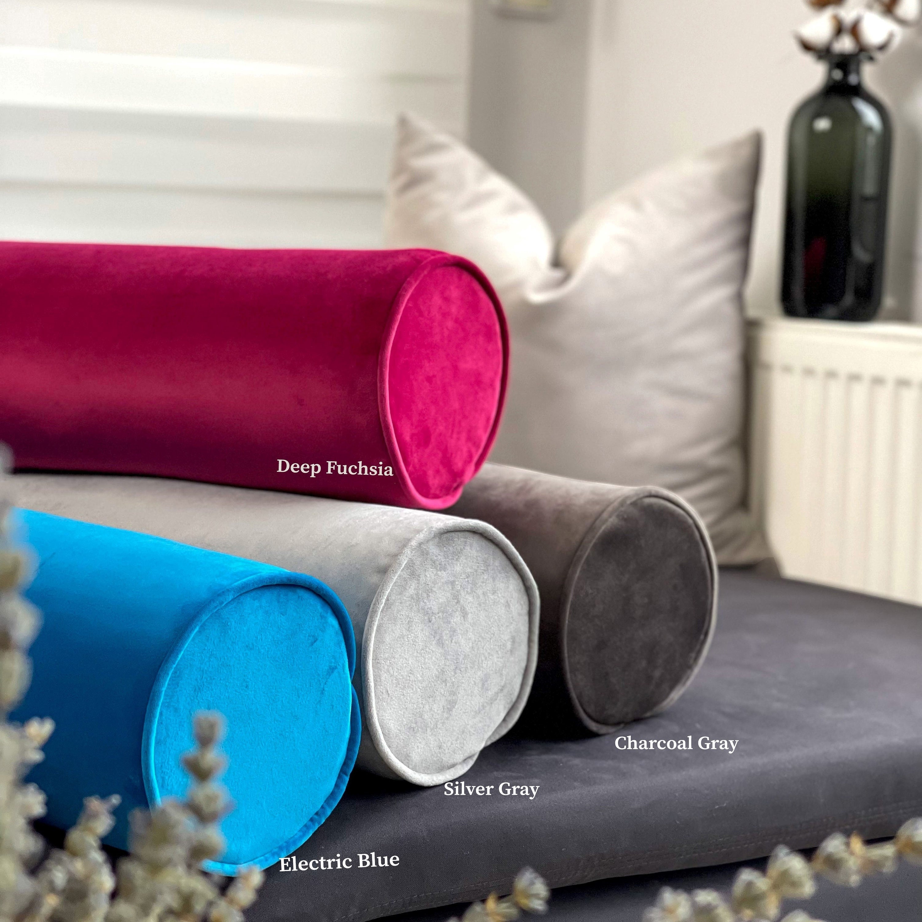 Long velvet top bolster pillow