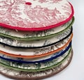 Duck Linen Round Chair Pads with Ties – French Toile Print, Foam Padded & Durable, Custom Size, Indoor/Outdoor Cushion with Velvet Trim
