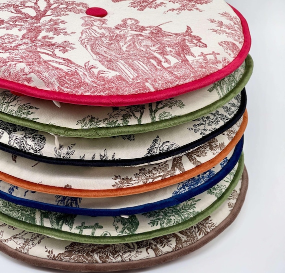 Duck Linen Round Chair Pads with Ties – French Toile Print, Foam Padded & Durable, Custom Size, Indoor/Outdoor Cushion with Velvet Trim