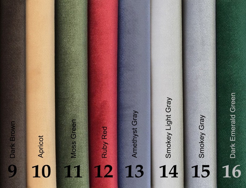 May include: A color palette featuring swatches of fabric in various shades. Colors include dark brown, apricot, moss green, ruby red, amethyst gray, smokey light gray, smokey gray, and dark emerald green. Each swatch is labeled with its color name and a corresponding number.