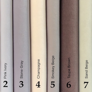 May include: A color palette of eight fabric swatches in neutral tones. Colors include off-white, pink ivory, stone gray, champagne, smokey beige, taupe brown, sand beige, and light suede tan. Each swatch is labeled with its name and a number.
