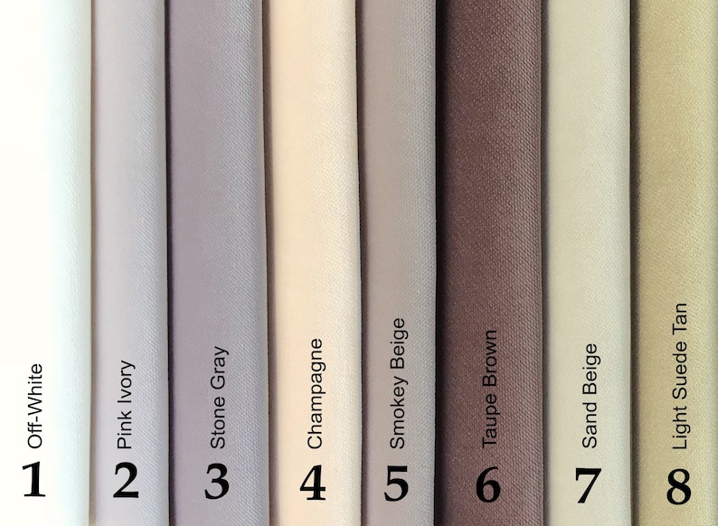 May include: A color palette of eight fabric swatches in neutral tones. Colors include off-white, pink ivory, stone gray, champagne, smokey beige, taupe brown, sand beige, and light suede tan. Each swatch is labeled with its name and a number.