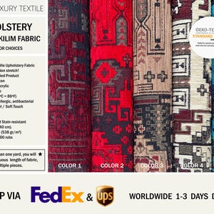 May include: Five rolls of Turkish Kilim upholstery fabric featuring geometric patterns in distinct colorways: dark red, bright red, beige, cream, and turquoise. Each roll displays intricate woven designs and includes an OEKO-TEX Standard 100 label.