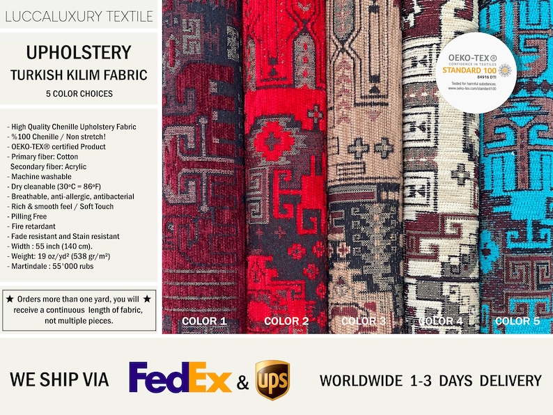 May include: Five rolls of Turkish Kilim upholstery fabric featuring geometric patterns in distinct colorways: dark red, bright red, beige, cream, and turquoise. Each roll displays intricate woven designs and includes an OEKO-TEX Standard 100 label.