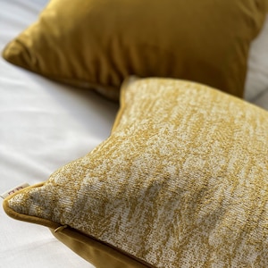 Mustard Yellow Pillow Cover with Piping Cotton Linen & Velvet Combine Luxury Welt Pillow Cover Yellow Throw Pillow Piped Edge Pillow image 5