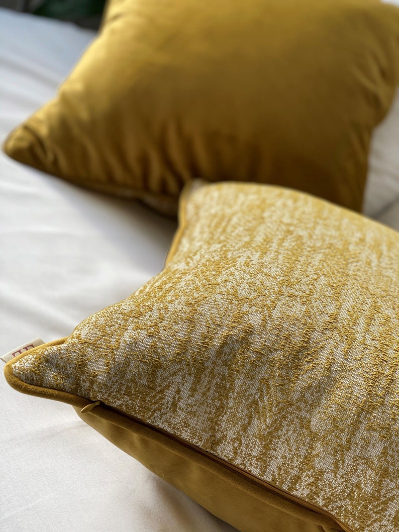 Mustard Yellow Pillow Cover with Piping Cotton Linen & Velvet Combine Luxury Welt Pillow Cover Yellow Throw Pillow Piped Edge Pillow image 5