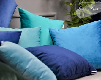 Solid Velvet Pillow Cover, Lumbar Pillow, Navy Blue, Aqua, Dark Emerald, Teal, Baby Blue, Cobalt blue, Smoky Mint Blue, Moss Green Turquoise