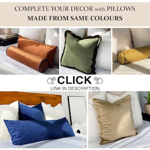 Peut inclure: Plusieurs coussins d&eacute;coratifs de diff&eacute;rentes couleurs, dont rouille, vert olive, bleu marine et or. Les coussins sont de forme rectangulaire, cylindrique et carr&eacute;e, certains avec des bordures contrast&eacute;es. Le texte de l'image est : "COMPLETE YOUR DECOR with PILLOWS MADE FROM SAME COLOURS".