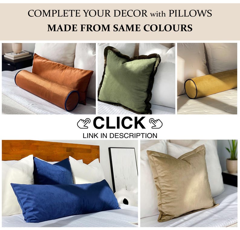Peut inclure: Plusieurs coussins d&eacute;coratifs de diff&eacute;rentes couleurs, dont rouille, vert olive, bleu marine et or. Les coussins sont de forme rectangulaire, cylindrique et carr&eacute;e, certains avec des bordures contrast&eacute;es. Le texte de l'image est : "COMPLETE YOUR DECOR with PILLOWS MADE FROM SAME COLOURS".