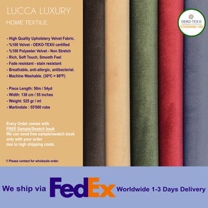 May include: A display of upholstery velvet fabric samples in various colors: dark brown, beige, olive green, red, and blue. The image includes text indicating the fabric is high-quality, Oeko-Tex certified, and machine washable. The width is 55 inches.