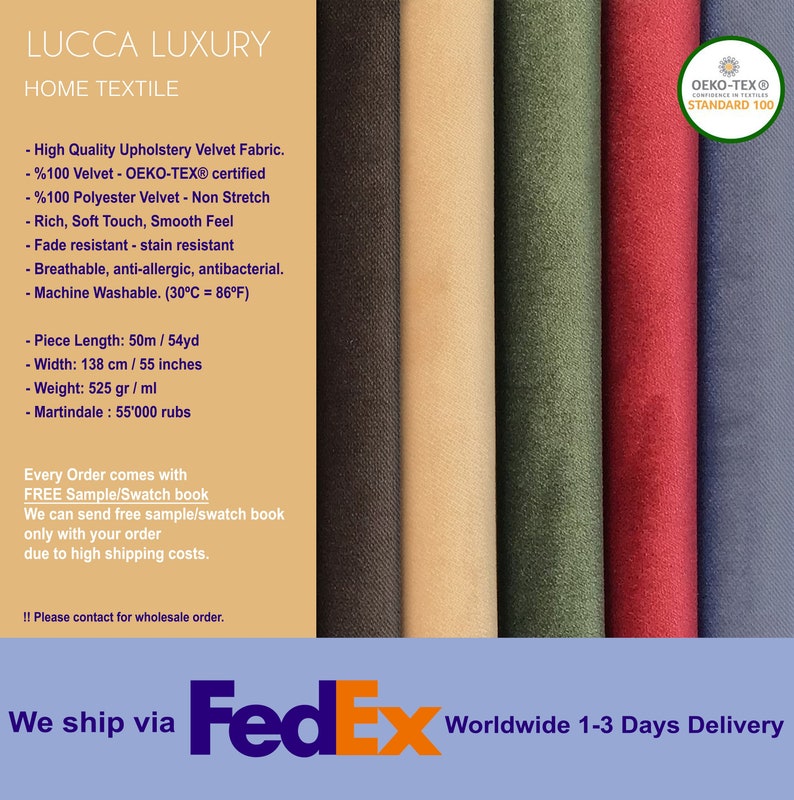May include: A display of upholstery velvet fabric samples in various colors: dark brown, beige, olive green, red, and blue. The image includes text indicating the fabric is high-quality, Oeko-Tex certified, and machine washable. The width is 55 inches.
